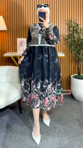 MIDI DRESS BAHAN CERUTY MIX RENDA BURKAT LD 110 CM PB 120 CM