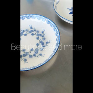 BnM จานเซรามิค จานกระเบื้องเคลือบ จานกลม ลายช่อดอกไม้ มงกุฏดอกไม้ แต่งขอบน่ารัก ขนาด 8 นิ้ว ทนทาน เข้าไมโครเวฟได้