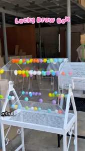 roacrylic Lucky Draw Box กล่องจับรางวัลแบบหมุนได้เเบบมีขาตั้งเหล็กสำหรับออกฉลากชิงโชค ขนาด80x60x130 cm.