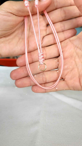 สร้อยเชือกคอตตอนเงาถักลาย ห่วงเลเซอร์ทองสแตนเลส ปรับสั้นยาวได้