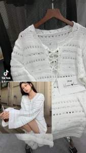 áo váy len lưới dáng thụng tay loe dây buộc oversize
