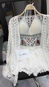 HH41-Set Bikini Ren Đi Biển Quảng Châu 3 món gồm bra tua rua tam giácquần short ren kèm khoác