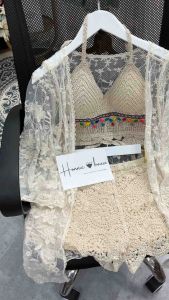 HH13-️Sét 3 Món Đồ Bơi Ren Bikini Đi Biển bra hạt phối quần sooc ren và khoác lưới hoa nhỏ