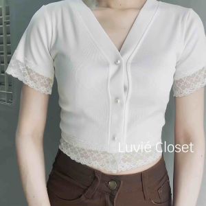 Áo Croptop Viền Ren Cổ V Áo Bánh Bèo Dễ Thương Tay Ngắn Luviecloset
