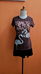 atasan kaos wanita coklat ZARA cewek M lengan pendek santai gambar flamingo sequin cute