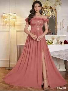 Off Shoulder Sequin Floral Lace 3D Flower Decoration Chiffon Ruched Hem Evening Party Maxi Dress Elegant Women Dress Prom Dress For Wedding Guest Graduation Dinner
