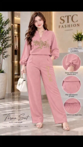 Longsleeve Tops and Pants Set with Flat Waistband and Gathered Sleeve Ends
