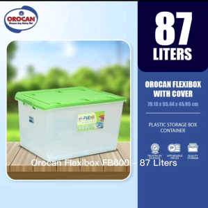 Orocan Flexibox with Cover 87 Liters Plastic Storage Box Container. Transparent with green lid. Dimensions 79.13 x 55.44 x 45.65 cm. Trusted by consumers. Affordable price. Quality storage.