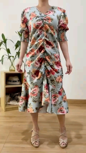 ●ECLAIRE● 003 Dress Midi Ruched Vneck Lengan Pendek Shortsleeves Motif Bunga Floral Flower Korea Pesta Kondangan Malam Feminim Classy Import 12567