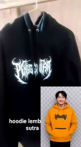 sweater Hoodie sablonan penggembira dabel saku bobok sleting