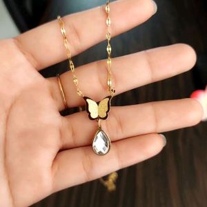 Xp.id - Kalung Wanita Titanium Kupu-Kupu Permata Tetes Air Gold Anti Karat