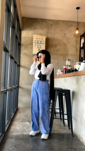 Celana Cargo Jeans Kulot Highwaist Pinggang Kerut Matt Jeans Twill Super Premium/Celana Jeans Kempol Wanita