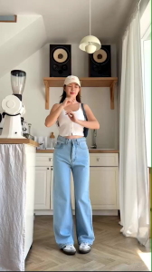 V-JEANS กางเกงยีนส์ขากระบอกกลางเอวสูง ผ้าไม่ยืด สียีนส์ซีด ครบไซส์ S M L XL 2xl 3xl 