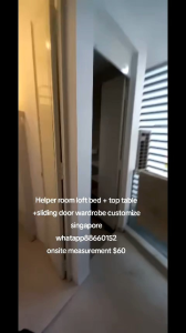 Loft bed customize with top table and below sliding door wardrobe for helper room singaporesepcial shape room bed frame customize /utility/store room/bomb shelter