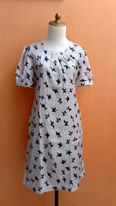 midi dress wanita abu muda pastel motif bintang NEU MOR cewek M lengan pendek santai cute