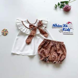 Bộ Áo Quần Nơ Nhí Nâu Bé Gái 4 Đến 30kg Chất Lụa Mềm Mát [S007]