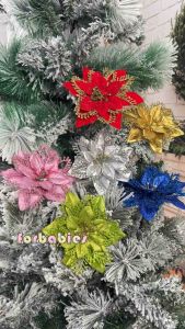 12pcs Christmas Flowers Red Pink Blue Gold Silver Green Multicolor Christmas tree decor.With stick