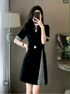 New Chinese style high-end temperament little black dress womens summer new button stitching short-sleeved dress