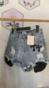 quần đùi nữ  quần short jean lưng cao phối rách túi lồi DAUTAY