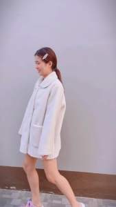 Oxy shop🔺เสื้อโค้ทคลุมกันหนาว สไตล์มินิมอลสีครีมน่ารัก ขนนิ่มอุ่นสบาย มีซับด้านในใส่เที่ยวต่างประเทศได้