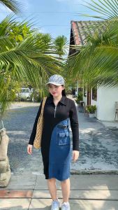 ชุดเดรสกระโปรงยีนส์ตัวยาว ตัดเเต่งผ้ายีนส์ ทรงเกาหลี S-5XL