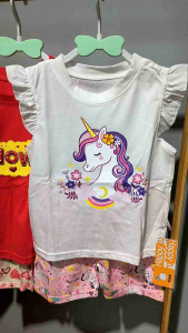 ชุดเสื้อแขนระบายลายการ์ตูนพร้อมกางเกงขายาวผ้านุ่ม สไตล์เกาหลี สำหรับเด็กผู้หญิง ไซส์ 80-110