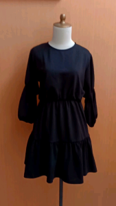 mini midi dress wanita hitam pekat M L cewek lengan balon cute pinggang karet santai