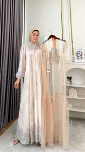 Gamis Akila Set Premium Ori – Dress Muslim Ceruty Babydoll Mix Tile Glitter | Long Outer Mewah LD 110 PJ 140 (Dusty/Grey/Blue/Milo)