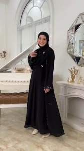 WEARING CO Mahreen Abaya Turkey Wanita Kekinian Ceruty Babydoll Full Furing Aksen Payet Mutiara Abaya Dubay 2 Layer Busui Jumbo Mewah Elegant
