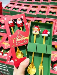2PCS Christmas Gift Cutlery Spoon Fork Set Stainless Steel Spoon Forks Elk Christmas Tree Decoration Dessert Tableware