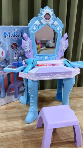 🏅Kids learning🏅ใหม่ โต๊ะแต่งหน้าเด็กลายเจ้าหญิงสีฟ้า มีเสียงมีไฟ ไดร์ใช้ได้จริง อุปกรณ์ 19 ชิ้น