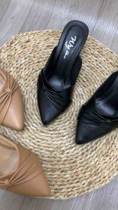 Giày sục nữ gót vuông 5cm đính nơ bên da mờ cao cấp đê TPR chống trơn  êm chân TT Shoes ti5cm