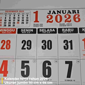 Kalender Kerja Jumbo MJ Tahun 2026 bahan HVS 70 gr ukuran 50 x 64 cm 12 lembar x1 bulanan terima castume cetak merek)