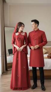 Áo dài cưới tay xẻ cổ lưới uyên ương – CỔ LƯỚI THÊU UYÊN ƯƠNG & SONG HỶ