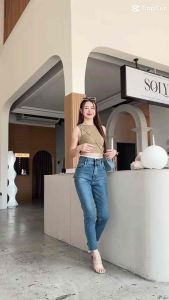 🐳Jeans Punny กางเกงยีนส์แฟชั่น ยีนส์ผู้หญิงกางเกงยีนส์ทรงบอยผ้ายืดตามตัว เอวสูงเหนื่อสะดือ ใส่สบ๊ายสบาย