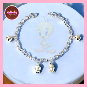 🌈AAbaby Galleries AA417 Original Baby Silver Anklet Bracelet Tweety Bird Bells & Round Bells (Rantai Kaki/Tangan/Gelang Kanak)