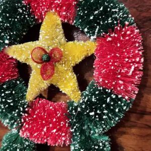 (2pc Set)Red and green striped Christmas wreath with yellow star and berries. Handheld display. 8” width 13” height SMALL