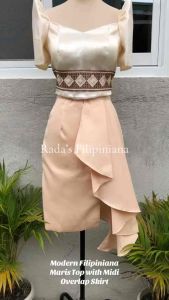 Modern Filipiniana Maris Top with Overlap Beige Skirt Midi