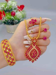 Burmese made gold color red charms jewelry set for female