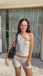 Limnit.co - Fluffy outfit set ชุดเซตปาดไหล่ขาสั้น งาน2ชิ้น ผ้าพัฟฟี่นุ่มฟู ใส่สบาย