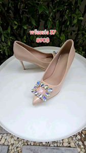 รองเท้าส้นสูงคัทชูส้นเข็ม สีครีม หัวเพชร สูง3นิ้ว