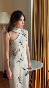 Ara เดรสยาว ผ้าซาตินสูงพรีเมียม พันคอไหล่เดียว ผู้หญิงช่อง หรือหรา สวยงาม คุณภาพ Ara Dress