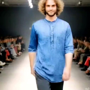 Kemeja Koko Kurta Jeans Denim Kerah Shanghai Lengan Pendek 3/4