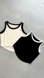 AMstore999 - Ricis Top - Two Tone Biker Tanktop - Atasan Wanita - Ribbed Knit Crop Top - Tanktop Crop Summer Stretch Rib Top