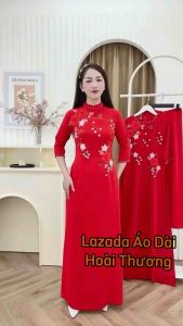 Áo Dài Vải Lụa Mỹ Màu Đỏ Thêu Hoa A2