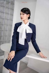 MAJCO SET VEST CROPTOP HAI LỚP BLAZER DÁNG NGẮN THIẾT KẾ CAO CẤP MÀU XANH THAN
