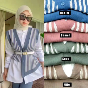 Setelan Kemeja Celana Knit Salur Mix Polo Linen Wanita Terbaru 2024