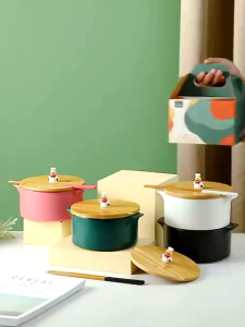 Mangkuk Keramik dengan Penutup Mangkuk Kayu Unik Serbaguna
