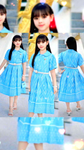 ชุดไทยเด็ก ชุดไทยประยุกต์สีฟ้าใส่วันแม่ เสื้อ+กระโปรง