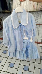 ชุดเซ็ทสาวอวบแฟชั่นพลัสไซส์ เสื้อผูกเชือกน่ารัก+กระโปรงบอลลูน